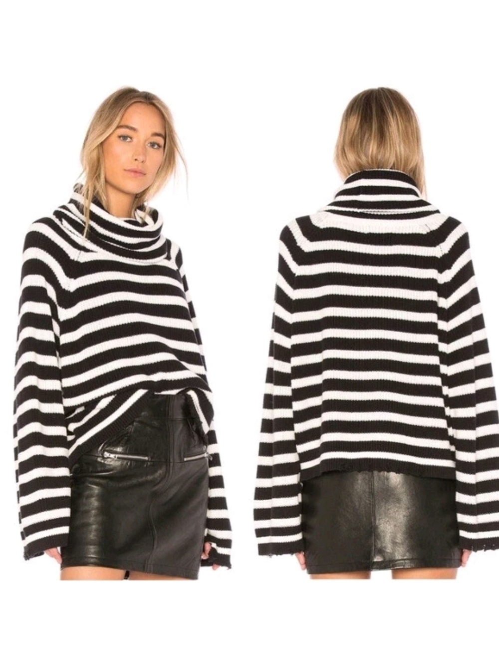 RtA Black and White Alexis Striped Knit Turtleneck Sweater XS Chewed